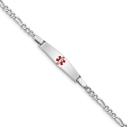 Sterling Silver Rhodium-plated Figaro Link Centered Red Enamel 28x 6mm Plate Medical ID Bracelet, 6"