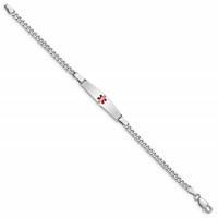 Sterling Silver Rhodium-plated Curb Link Centered Red Enamel 28x 6mm Plate Medical ID Bracelet, 6" view 2