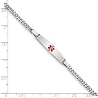 Sterling Silver Rhodium-plated Curb Link Centered Red Enamel 28x 6mm Plate Medical ID Bracelet, 6" view 4