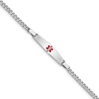 Sterling Silver Rhodium-plated Curb Link Centered Red Enamel 28x 6mm Plate Medical ID Bracelet, 6" view 1