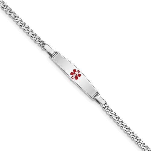 Sterling Silver Rhodium-plated Curb Link Centered Red Enamel 28x 6mm Plate Medical ID Bracelet, 6"