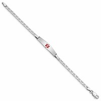 Sterling Silver Rhodium-plated Anchor Link Centered Red Enamel 28x 6mm Plate Medical ID Bracelet, 6" view 2