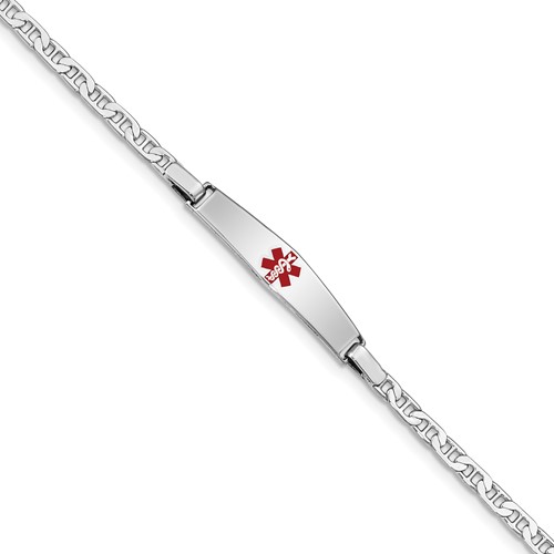 Sterling Silver Rhodium-plated Anchor Link Centered Red Enamel 28x 6mm Plate Medical ID Bracelet, 6"