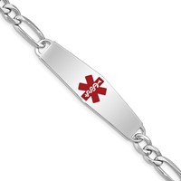 Sterling Silver Rhodium-plated Figaro Link Centered Red Enamel 47x 13mm Plate Medical ID Bracelet, 7" view 1