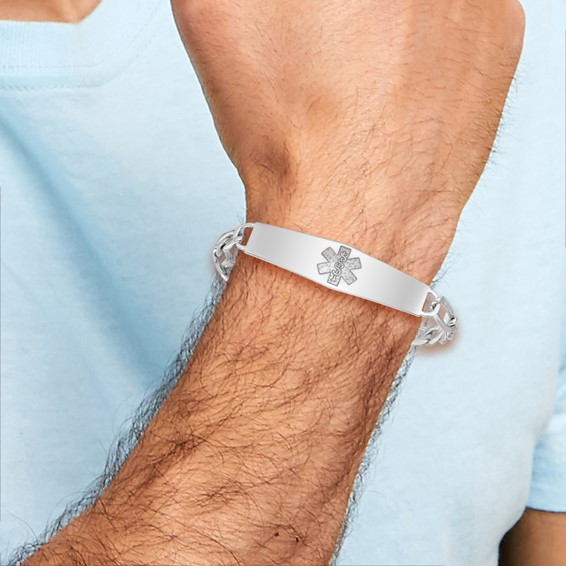Sterling Silver Rhod-plt Non-enameled Medical ID Figaro Link Bracelet
