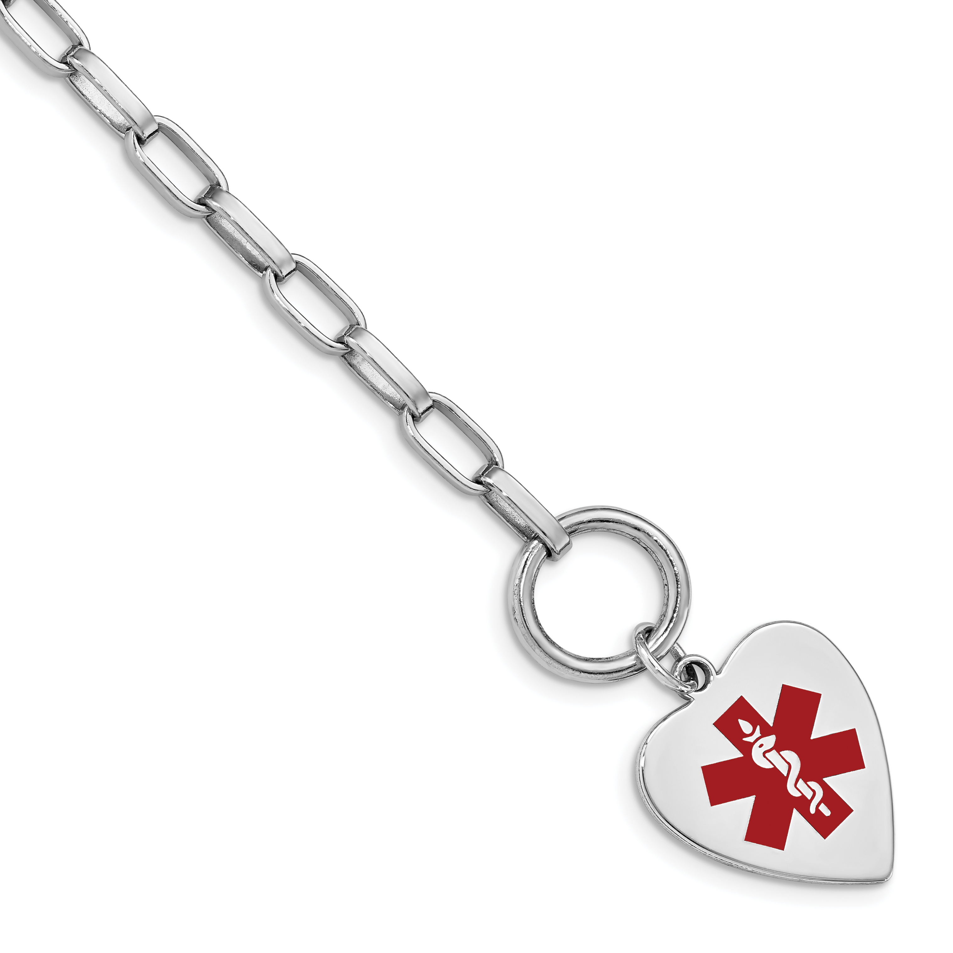 Sterling Silver Rhodium Engraveable Enamel Heart Medical ID Bracelet (XSM90-7.75)