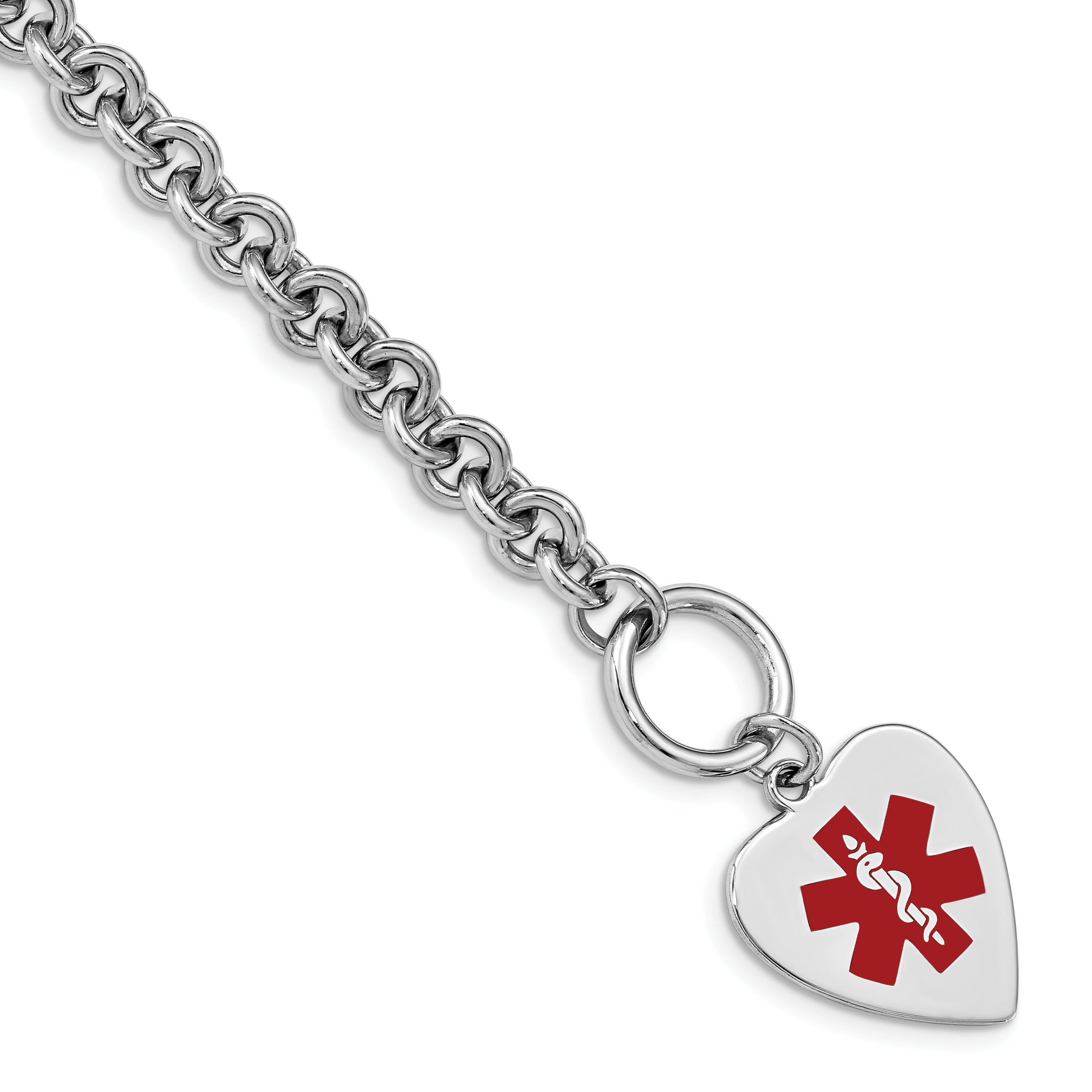 Sterling Silver RH-pltd Engraveable Enamel Heart Medical ID Bracelet (XSM93-8.75)