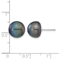 14K White Gold 10-11mm Black Button Freshwater Cultured Pearl Stud Post Earrings view 4