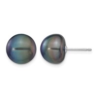 14K White Gold 10-11mm Black Button Freshwater Cultured Pearl Stud Post Earrings view 1