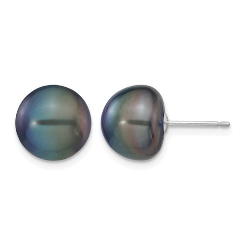 14K White Gold 10-11mm Black Button Freshwater Cultured Pearl Stud Post Earrings