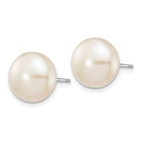 14K White Gold 10-11mm White Button Freshwater Cultured Pearl Stud Post Earrings view 2