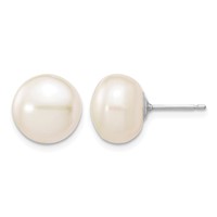 14K White Gold 10-11mm White Button Freshwater Cultured Pearl Stud Post Earrings view 1