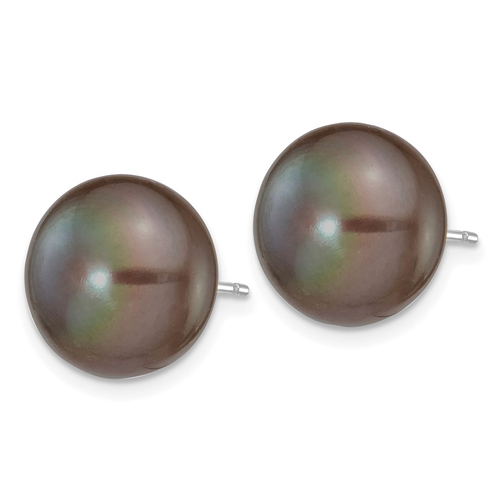 14k White Gold 11-12mm Black Button Freshwater Cultured Pearl Stud Post Earrings (XW110BB)
