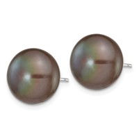 14K White Gold 11-12mm Black Button Freshwater Cultured Pearl Stud Post Earrings view 2