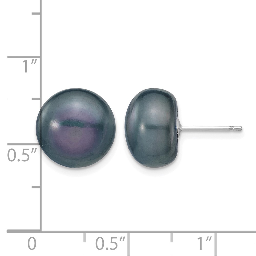 14k White Gold 11-12mm Black Button Freshwater Cultured Pearl Stud Post Earrings (XW110BB)
