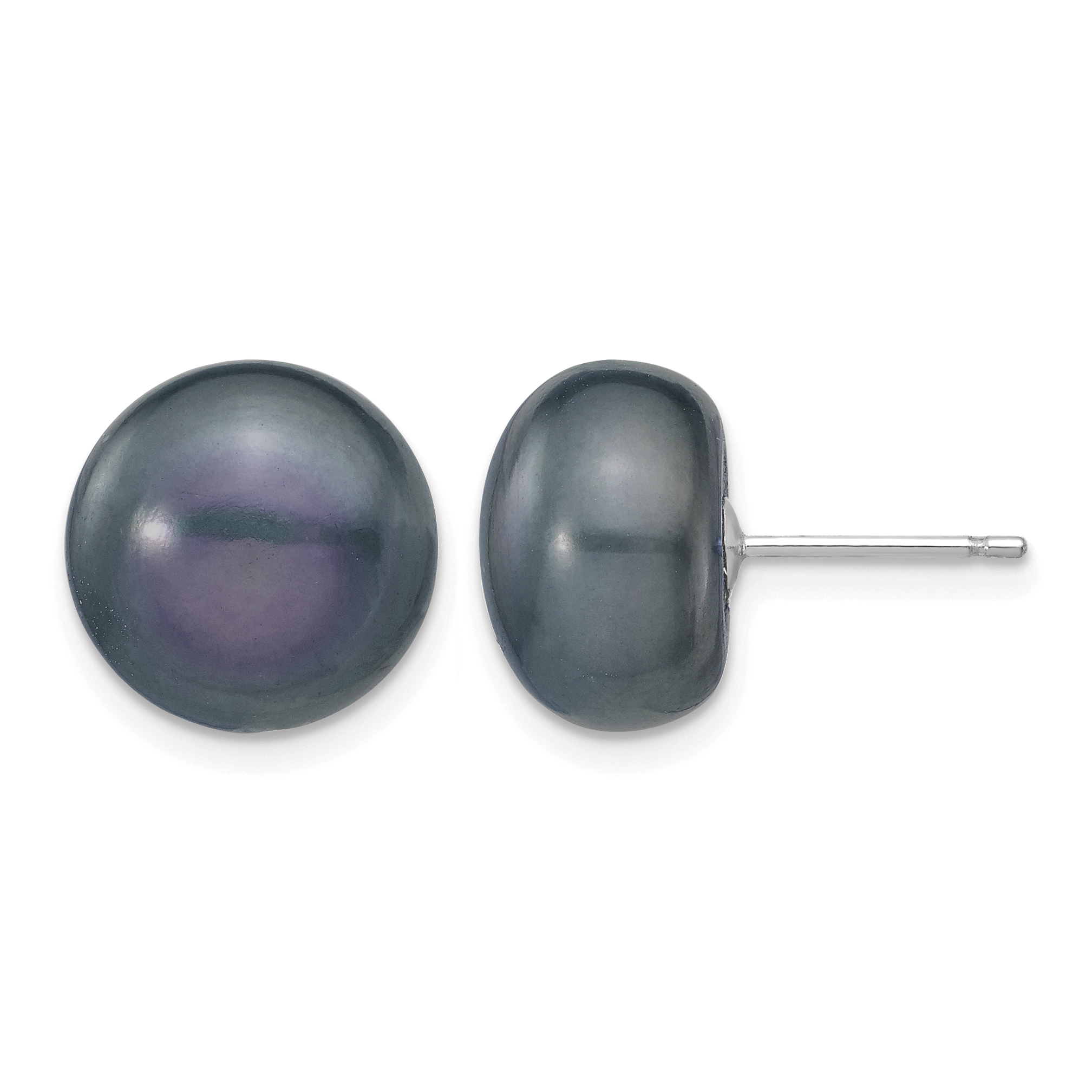 14k White Gold 11-12mm Black Button Freshwater Cultured Pearl Stud Post Earrings (XW110BB)