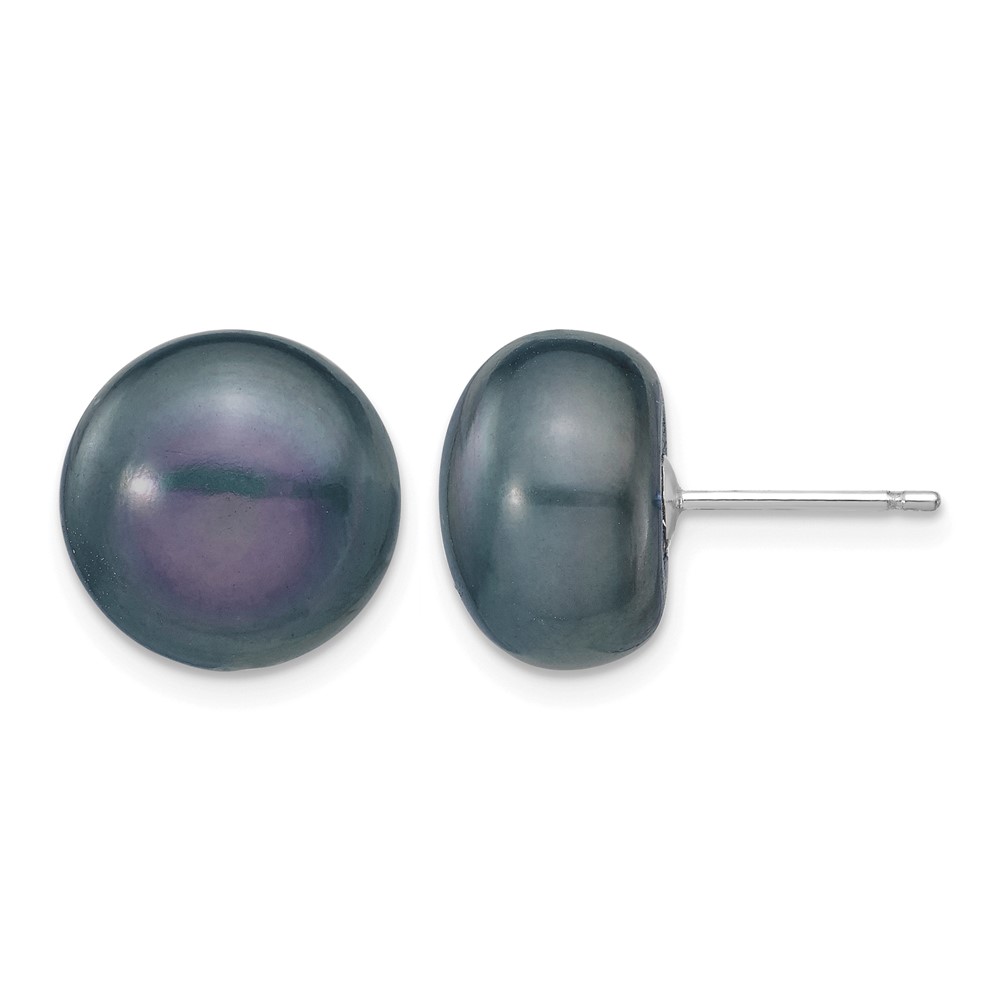 14k White Gold 11-12mm Black Button Freshwater Cultured Pearl Stud Post Earrings (XW110BB)