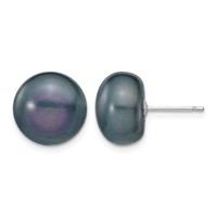 14K White Gold 11-12mm Black Button Freshwater Cultured Pearl Stud Post Earrings view 1
