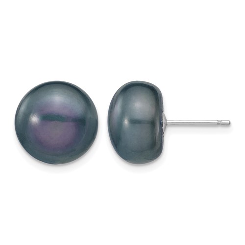 14K White Gold 11-12mm Black Button Freshwater Cultured Pearl Stud Post Earrings