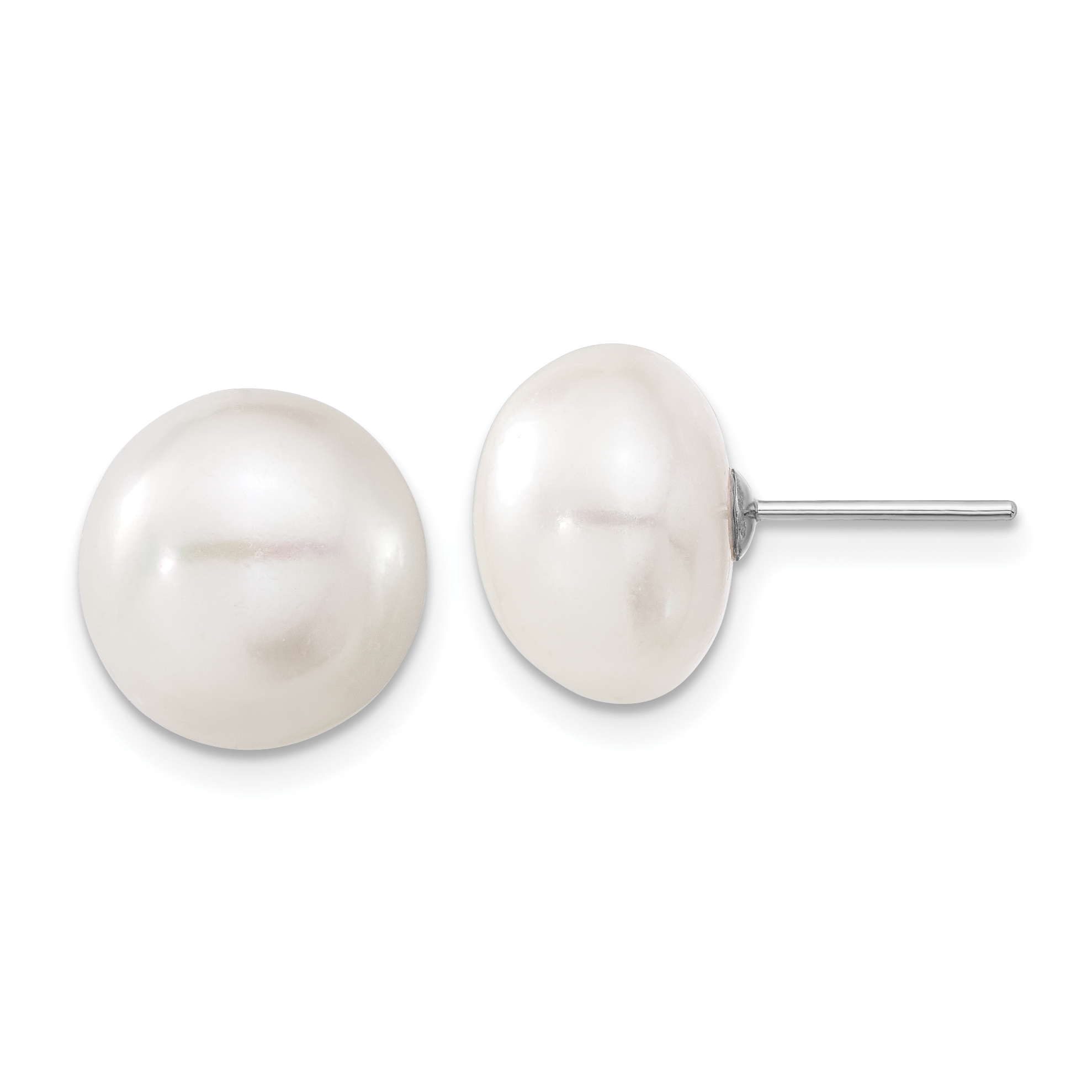 14k White Gold 11-12mm White Button Freshwater Cultured Pearl Stud Post Earrings (XW110BW)