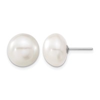 14K White Gold 11-12mm White Button Freshwater Cultured Pearl Stud Post Earrings view 1