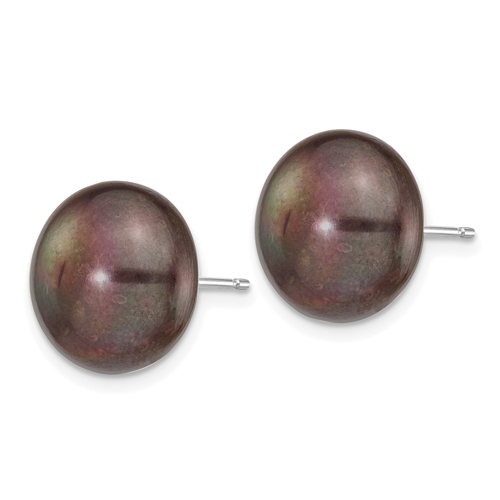 14k White Gold 12-13mm Black Button Freshwater Cultured Pearl Stud Post Earrings (XW120BB)