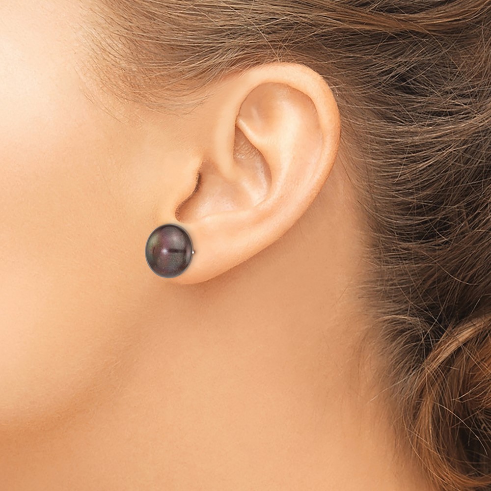14k White Gold 12-13mm Black Button Freshwater Cultured Pearl Stud Post Earrings (XW120BB)