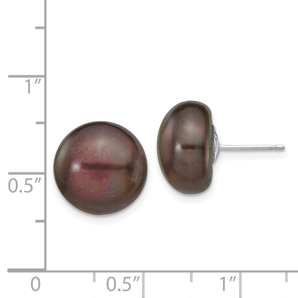 14k White Gold 12-13mm Black Button Freshwater Cultured Pearl Stud Post Earrings (XW120BB)