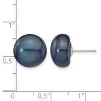 14K White Gold 12-13mm Black Button Freshwater Cultured Pearl Stud Post Earrings view 4
