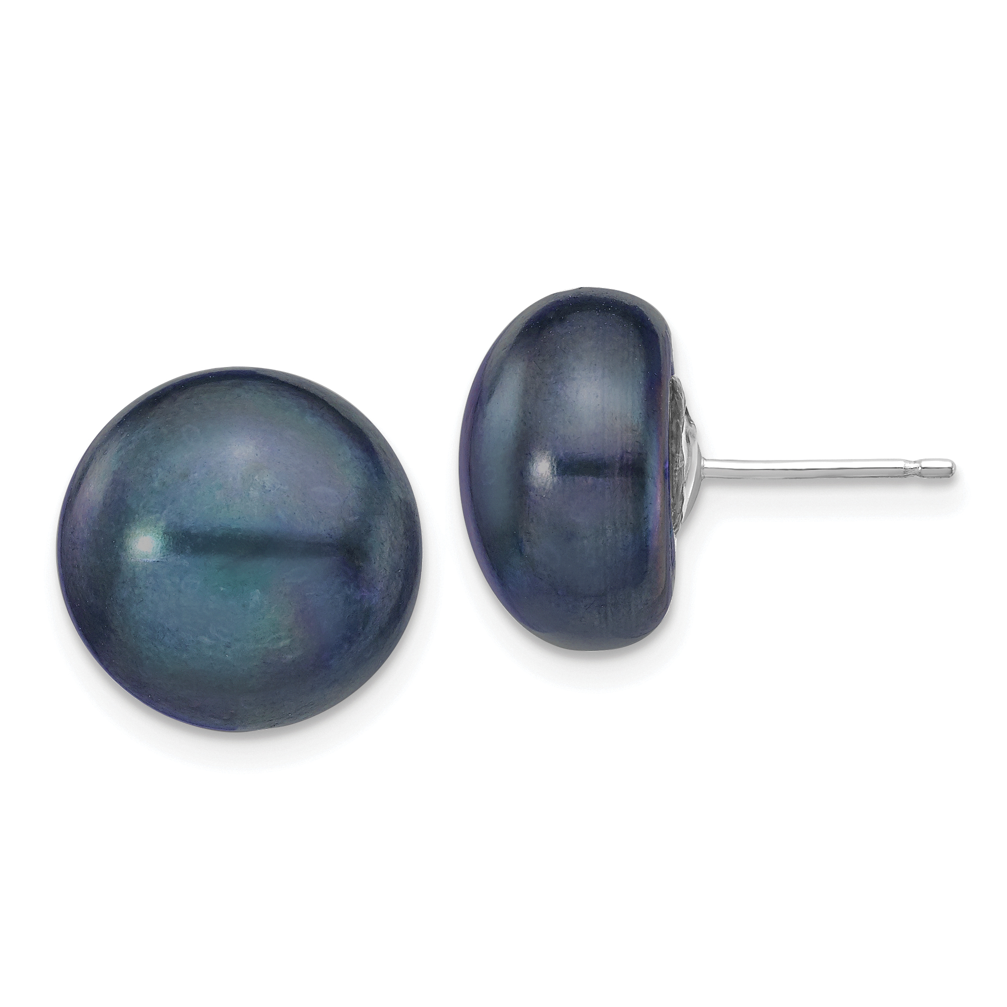 14k White Gold 12-13mm Black Button Freshwater Cultured Pearl Stud Post Earrings (XW120BB)