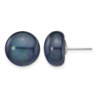 14K White Gold 12-13mm Black Button Freshwater Cultured Pearl Stud Post Earrings view 1