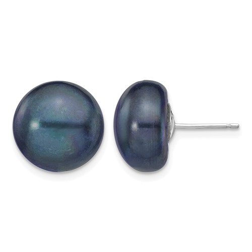 14K White Gold 12-13mm Black Button Freshwater Cultured Pearl Stud Post Earrings