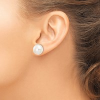 14K White Gold 12-13mm White Button Freshwater Cultured Pearl Stud Post Earrings view 3