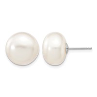 14K White Gold 12-13mm White Button Freshwater Cultured Pearl Stud Post Earrings view 1