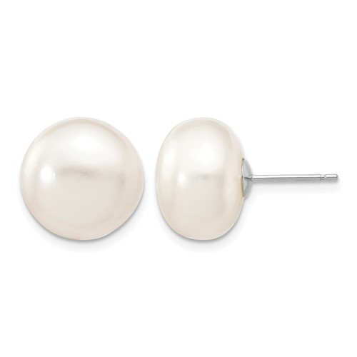 14K White Gold 12-13mm White Button Freshwater Cultured Pearl Stud Post Earrings