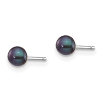 14K White Gold 3-4mm Black Button Freshwater Cultured Pearl Stud Post Earrings view 2