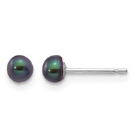 14K White Gold 3-4mm Black Button Freshwater Cultured Pearl Stud Post Earrings view 1