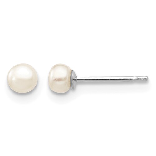 14K White Gold 3-4mm White Button Freshwater Cultured Pearl Stud Post Earrings
