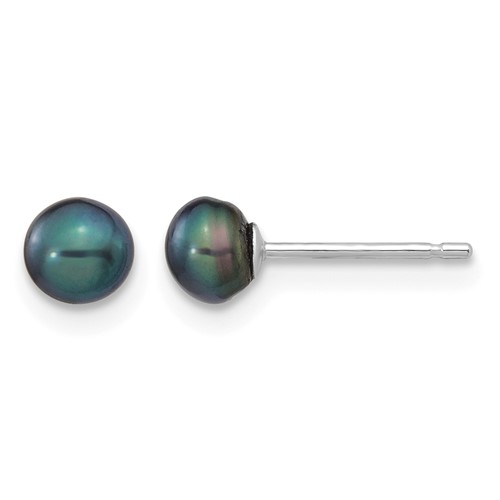 14K White Gold 4-5mm Black Button Freshwater Cultured Pearl Stud Post Earrings