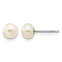 14K White Gold 5-6mm White Button Freshwater Cultured Pearl Stud Post Earrings view 1