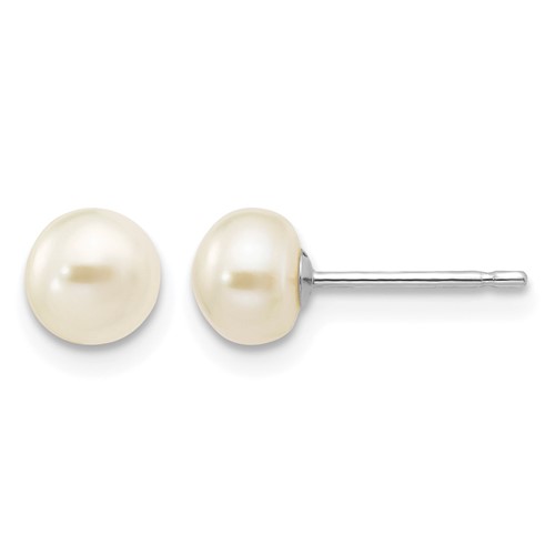 14K White Gold 5-6mm White Button Freshwater Cultured Pearl Stud Post Earrings