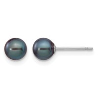 14K White Gold 5-6mm Black Round Freshwater Cultured Pearl Stud Post Earrings view 1