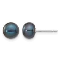 14K White Gold 6-7mm Black Button Freshwater Cultured Pearl Stud Post Earrings view 1