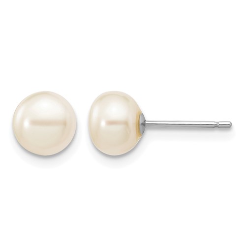 14K White Gold 6-7mm White Button Freshwater Cultured Pearl Stud Post Earrings