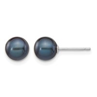 14K White Gold 6-7mm Black Round Freshwater Cultured Pearl Stud Post Earrings view 1
