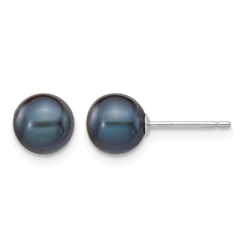 14K White Gold 6-7mm Black Round Freshwater Cultured Pearl Stud Post Earrings