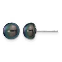 14K White Gold 7-8mm Black Button Freshwater Cultured Pearl Stud Post Earrings view 1