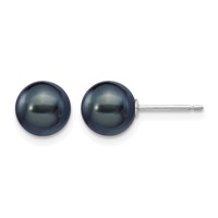 14K White Gold 7-8mm Black Round Freshwater Cultured Pearl Stud Post Earrings view 1