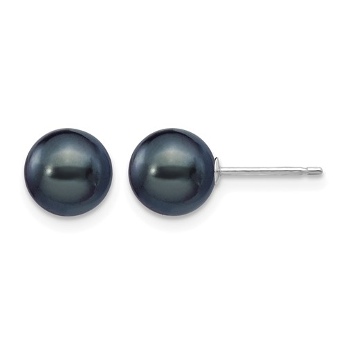 14K White Gold 7-8mm Black Round Freshwater Cultured Pearl Stud Post Earrings