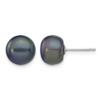 14K White Gold 8-9mm Black Button Freshwater Cultured Pearl Stud Post Earrings view 1